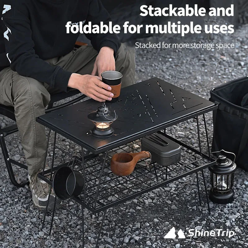 ShineTrip Camping Blackened Chess Cloth Iron Mesh Table Iron Fence Combination BBQ Table Portable Folding