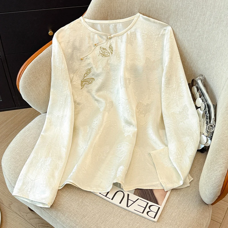 

Spring New Chinese Sle Loose Fit Slimming Embroidered Top Women's round Ne irt Casual Long Sve Casual Wear