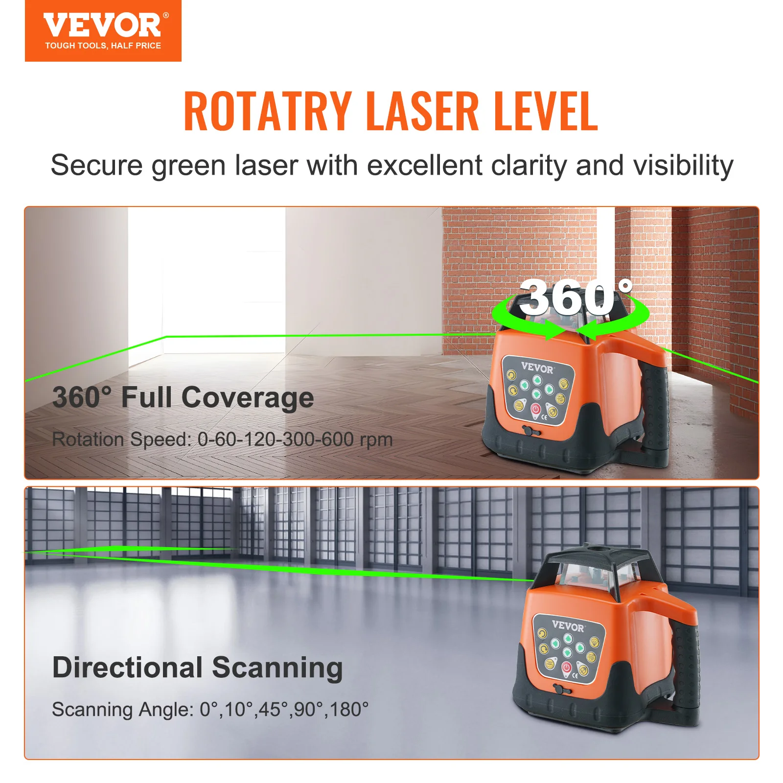 VEVOR Laser Level, 2000ft, 360 Degree Self Leveling Green Cross Line Laser, 5 Rotation Speeds & 4 Scanning Angles Adjustment