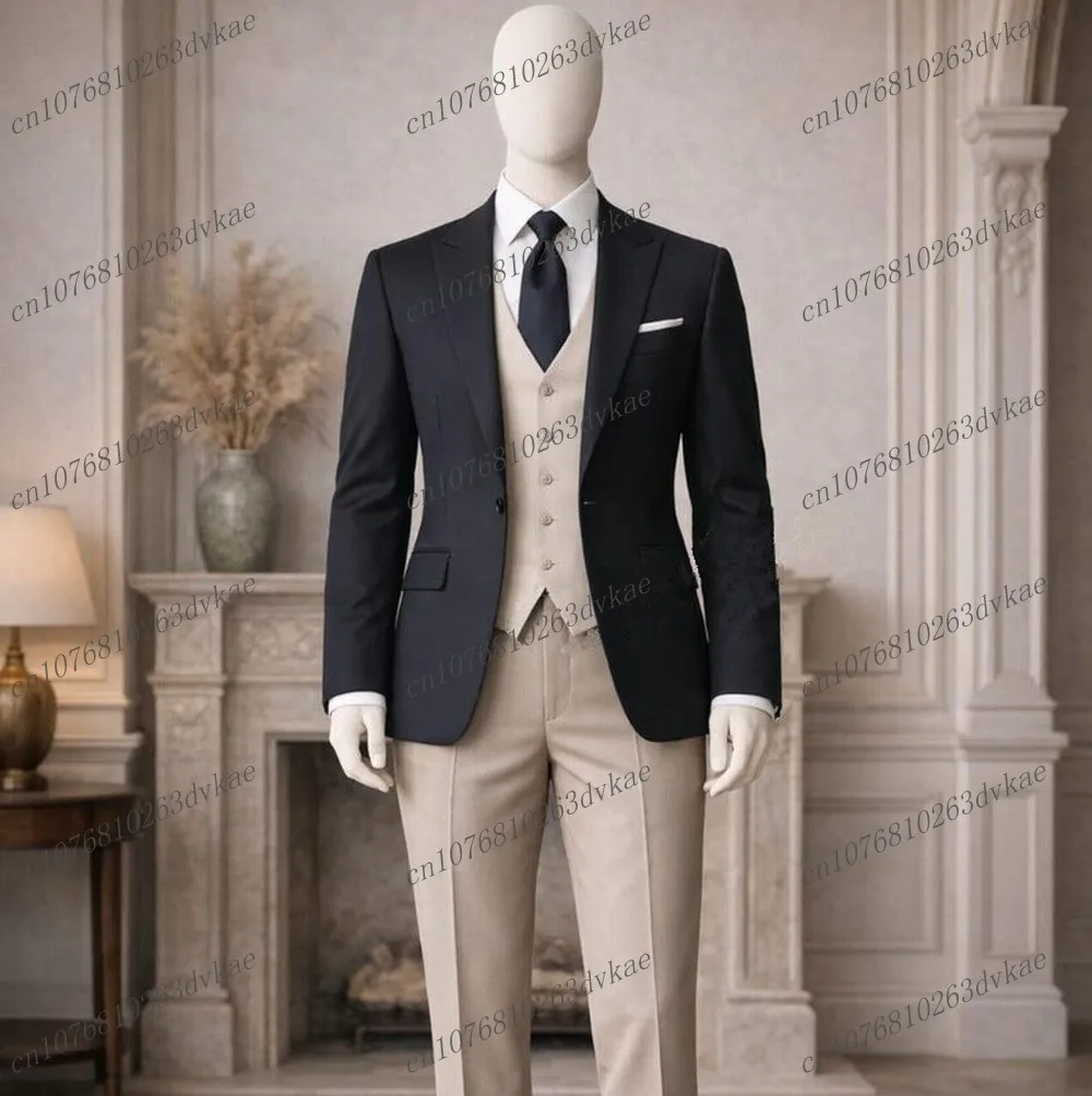 

Мужской костюм черного и хаки цвета для свадьбы, вечеринки, торжественных мероприятий, выпускного, деловых встреч, смокинг из 3 предметов: пиджак, жилет, брюки