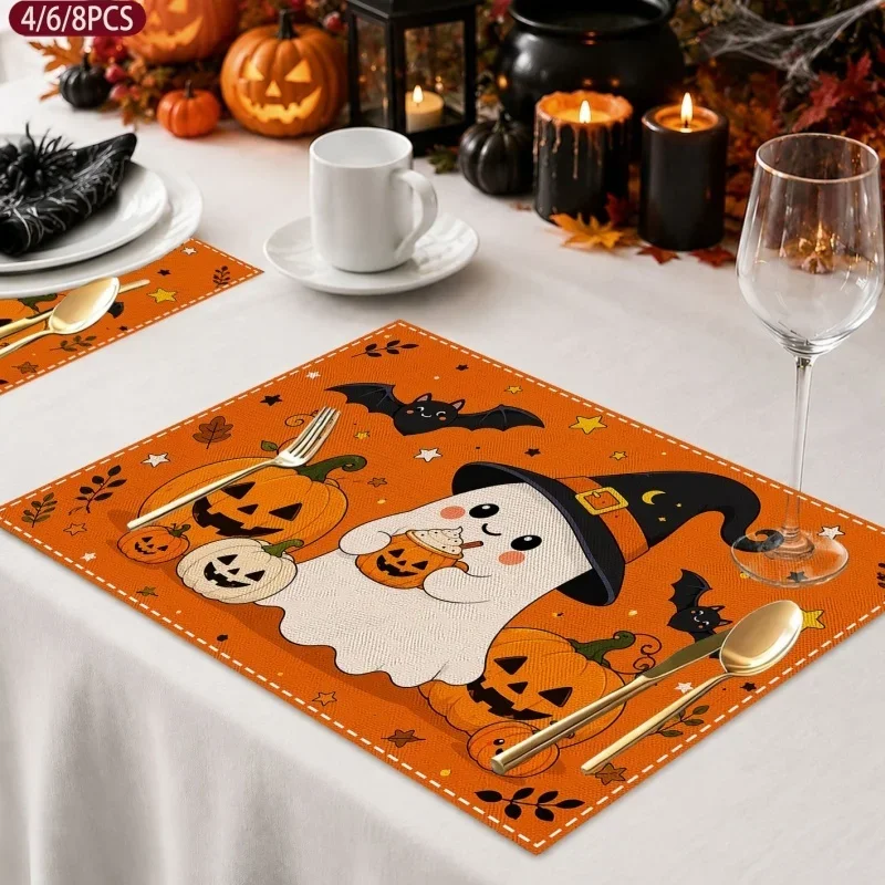 Skull Rose Placemats, Retro Skeleton Figure Printed Linen Table Mats, Gothic Style Dining Table Decor