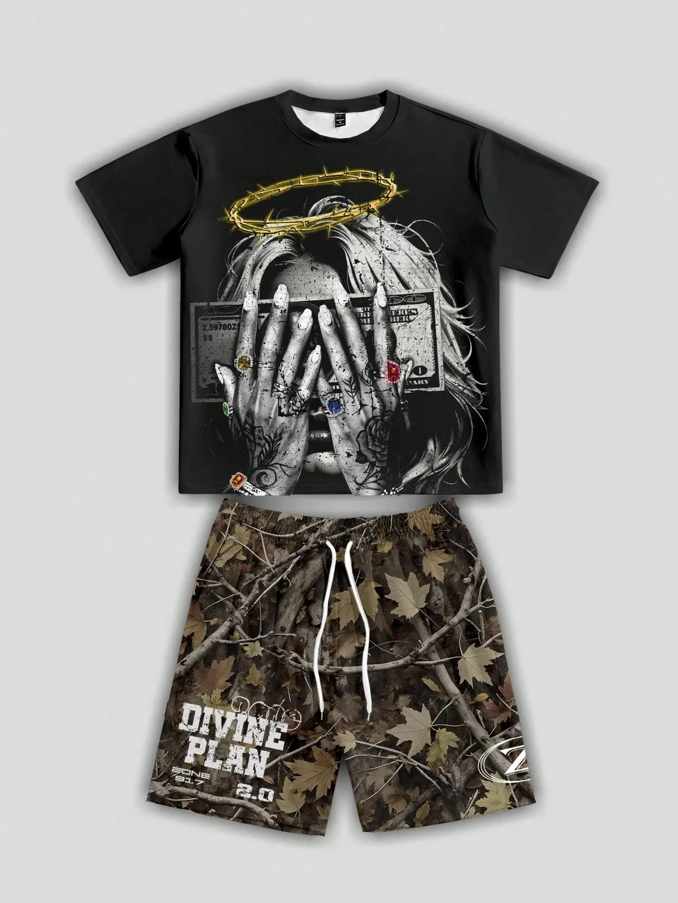 

New men's summer Gothic figure print comfortable and breathable round neck T-shirt drawstring shorts set outdoor streetwear