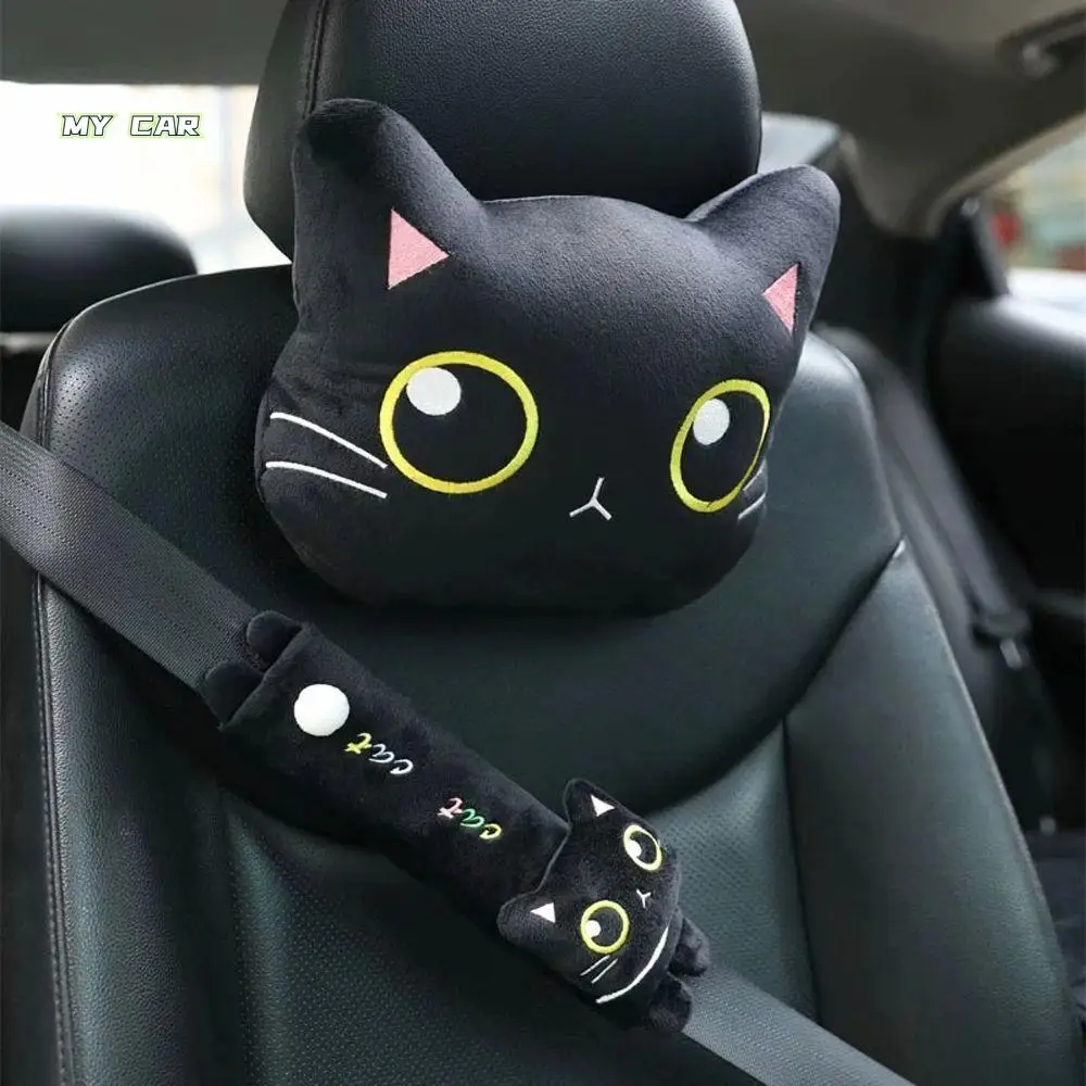 

Rearview Mirror Cover Black Cat Seat Support Cushion Car Headrest Car Neck Pillow Seatbelt Shoulder Covers Cat Headrest