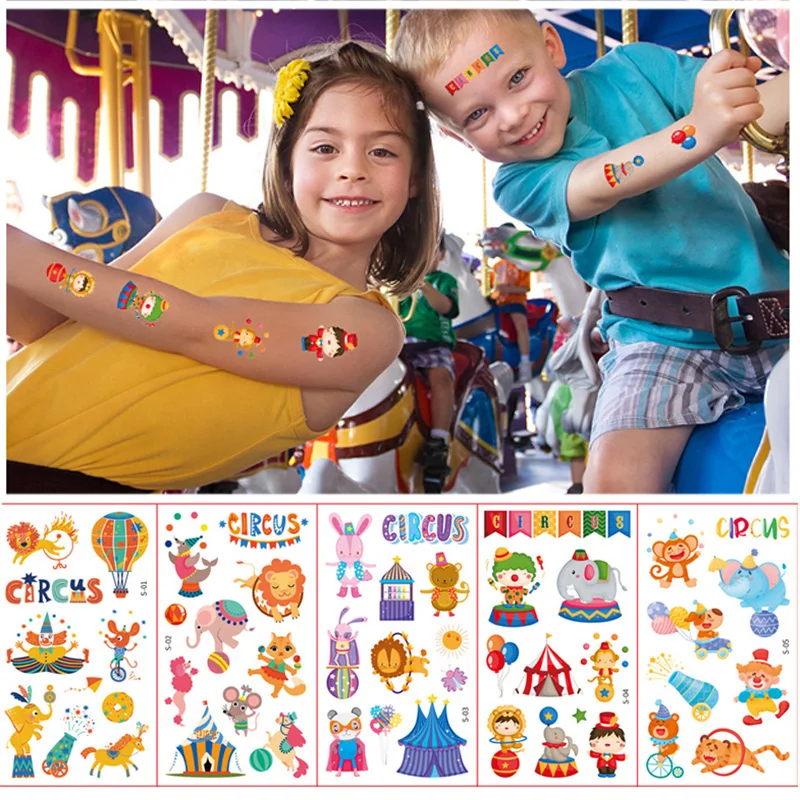 

10Sheet Cartoon Circus Tattoo Temporary Tattoo Cute Color Fake Tattoo Sticker Body Tatoo for Children Waterproof Kids Tattoos