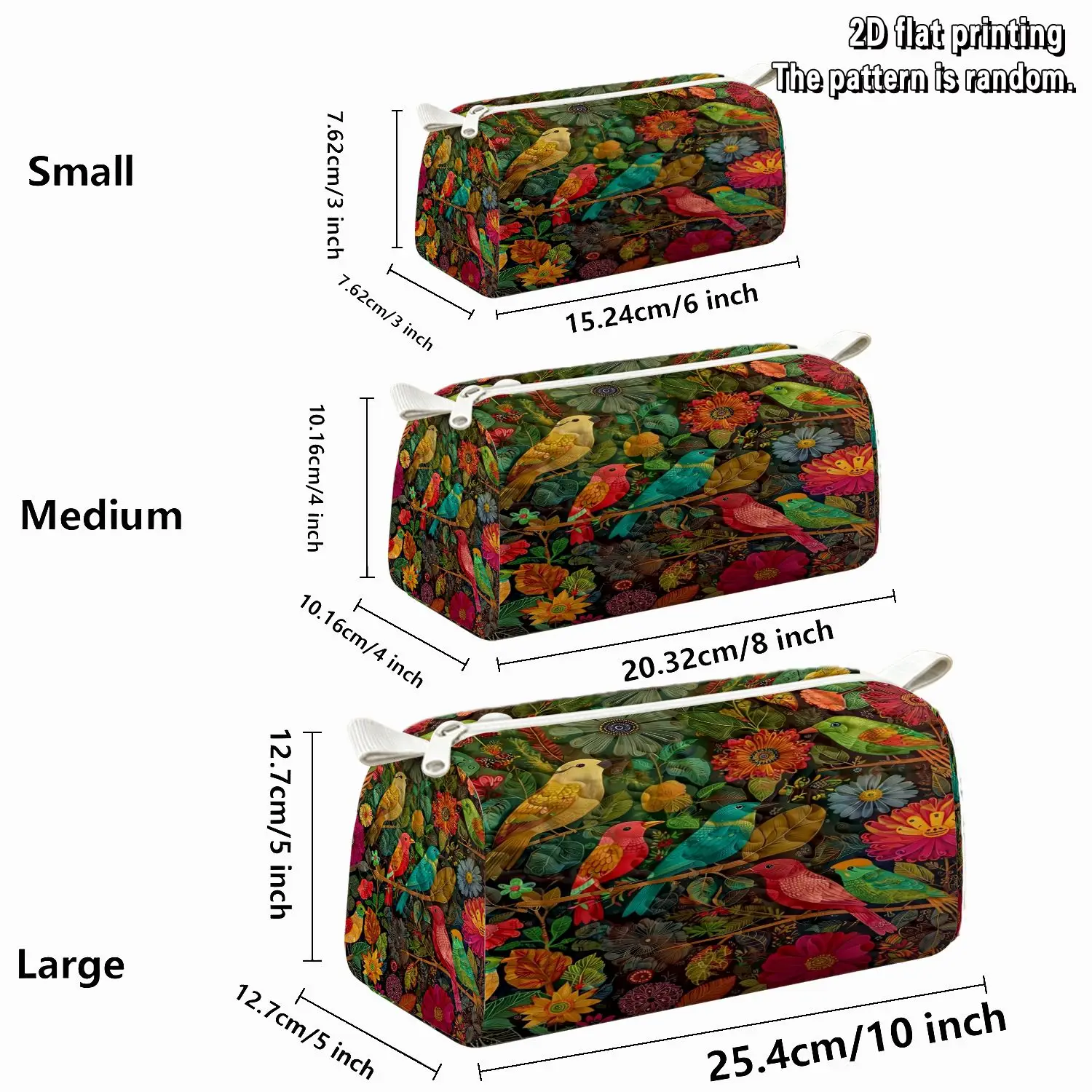 3pcs Women's Quilted Bags Set, Colorful Birds Floral Pattern Design On Bag, 2D FLAT Printing Daily Cosmetic Storage Bags
