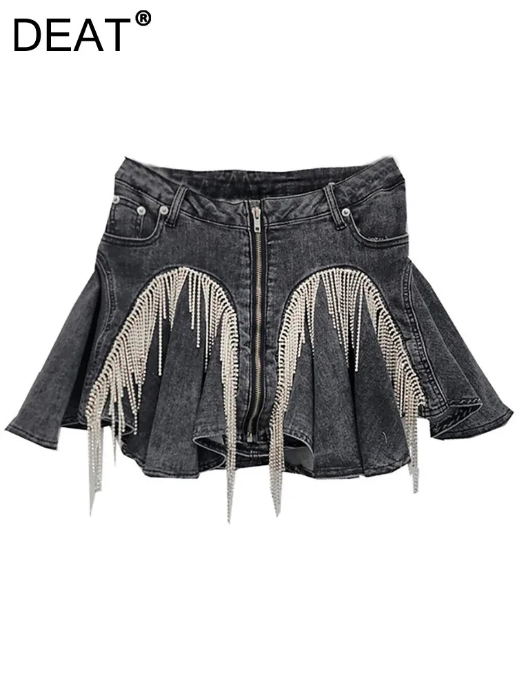 

DEAT Women's Denim Skirts Spliced Diamonds Tassel Ruffle Edge Zipper Black Stretch Mini Skirts 2024 Autumn New Fashion 11A0198