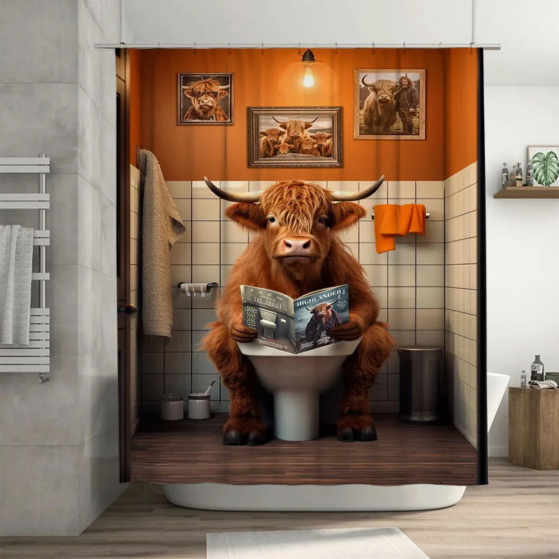 Whimsical Bathroom Shower Curtain featuring a humorous Highland Cow reading magazine in quirky bathroom setting orange decor the