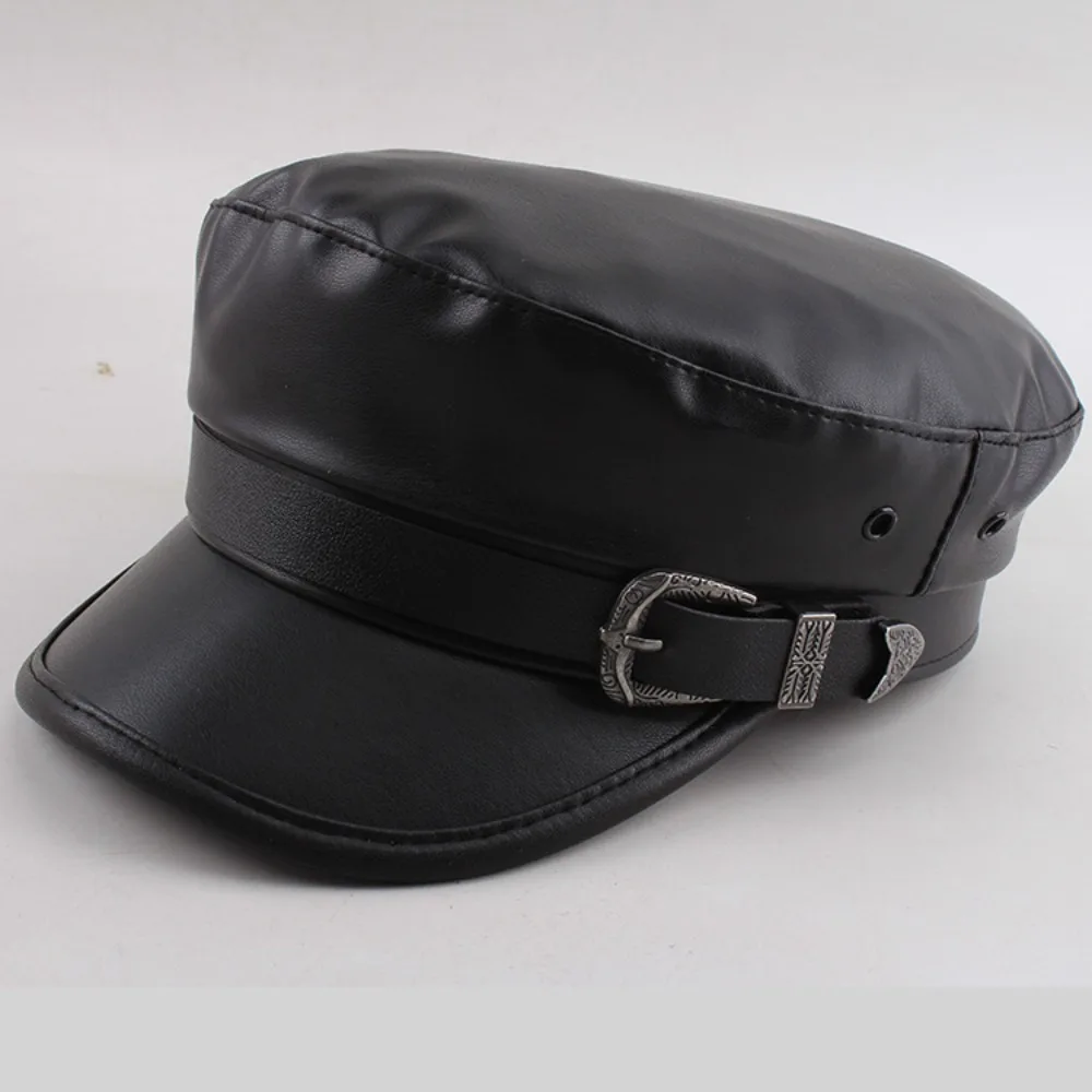 

Classic Large Belt Buckle Beret Hat Flat Top Black Newsboy Cap Punk Style PU Leather Sailor Visor Hat