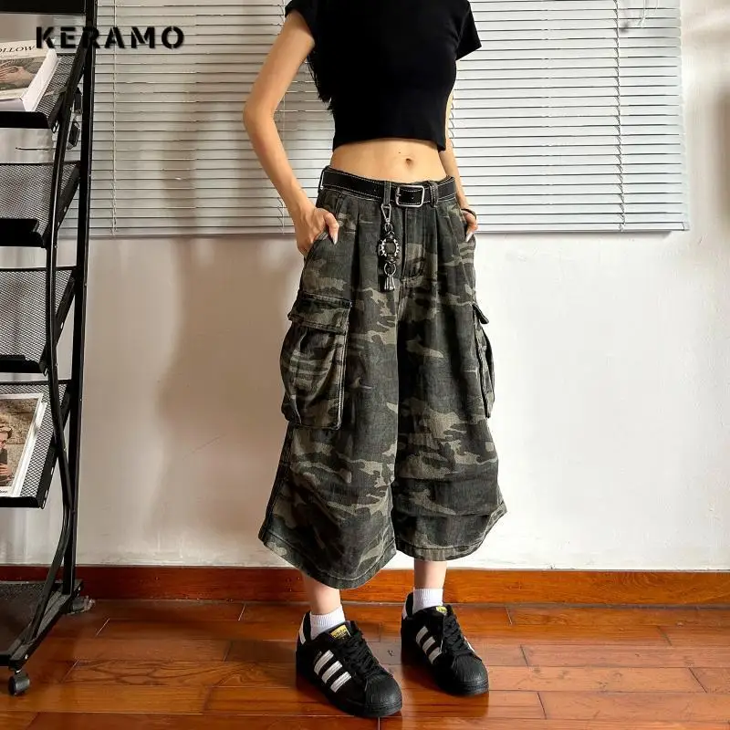

Vintage Harajuku Y2K Punk Shorts High Waist Street Style Baggy Calf-Length Pants Women Casual Loose Fit Camouflage Denim Shorts