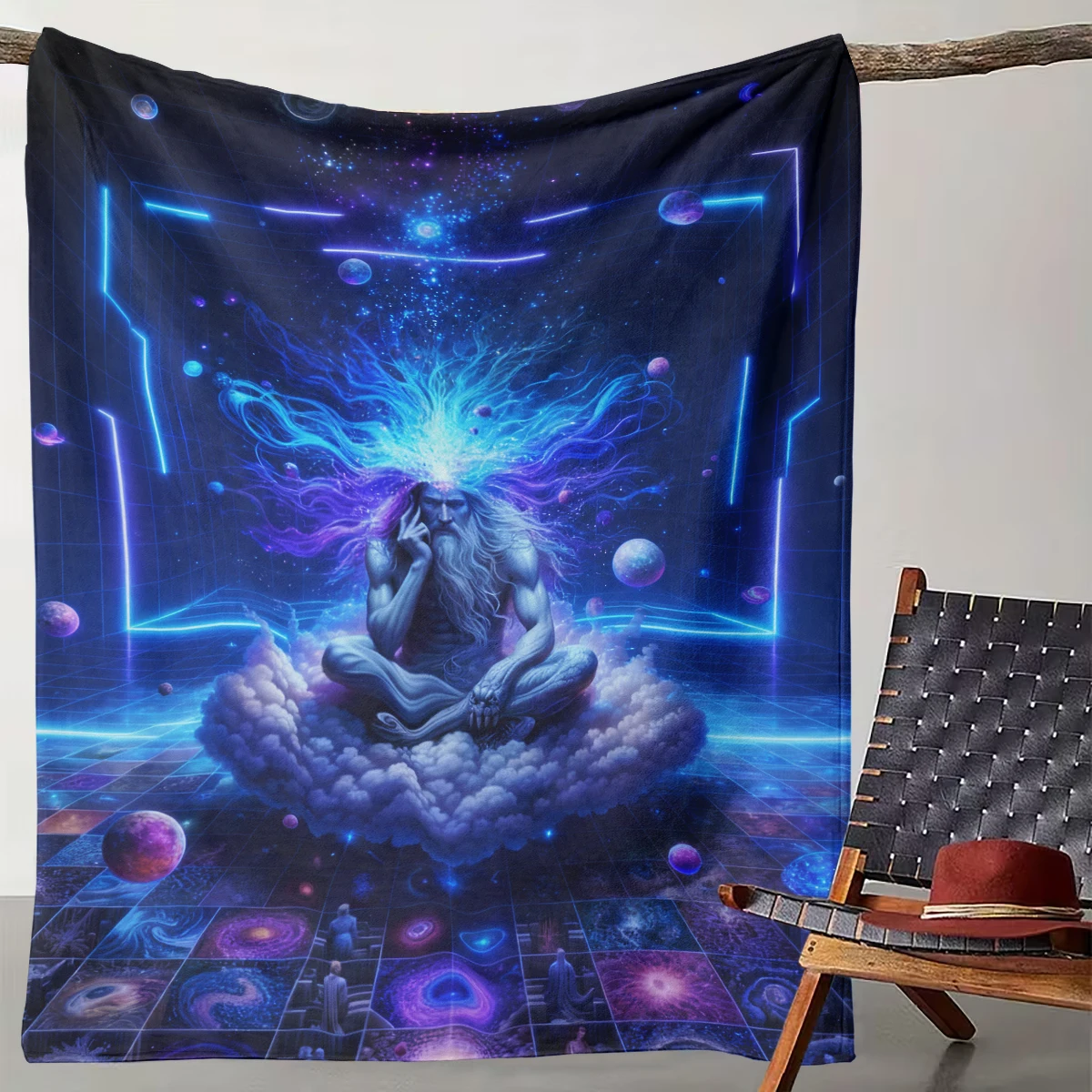 

1 Piece of Cosmic Meditation Wise Man Cyber Star Blanket Multi-dimensional Space Science Fiction Flannel Blanket