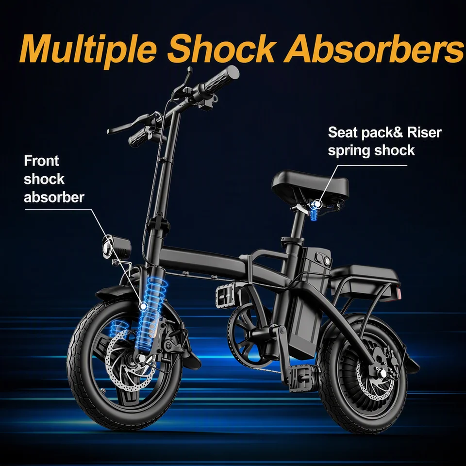 500W Peak **Foldable** Electric Bike 14" Vacuum Tire E‑Bike 15Ah Removable Lithium Battery Dual Shock Absorber Dual Disc Brake Folding Electric Bicycle for Adult image 3