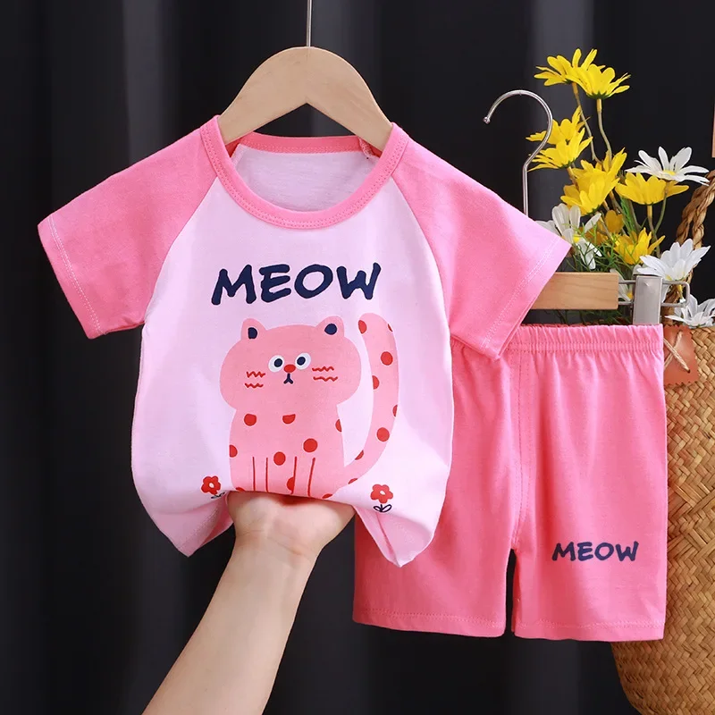 Summer New 2024 Kids Pajamas Cute Cartoon Print Short Sleeve T-Shirt Tops + Shorts Toddler Baby Boys Girls Casual Clothing Sets