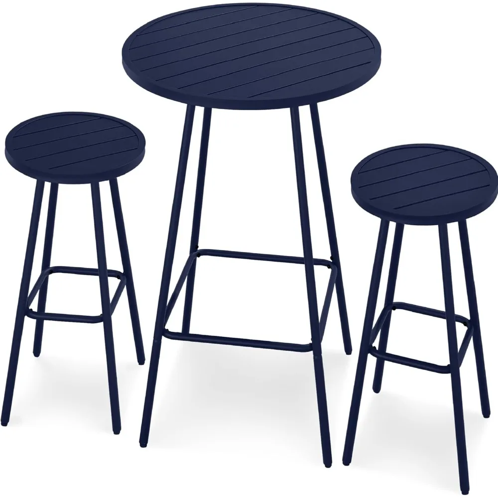 

3-Piece Patio Dining Set, Bar Height, Outdoor Bistro Set, Outdoor Round Bar Table w/ 2 Bar Stools, Steel - Navy