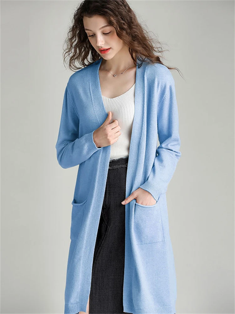 Oversized Casual Knitted Mid-length Cardigan Spring Fall Elegant Women Loose Knitwear Tops Korean Long Sleeve Sweater Coats