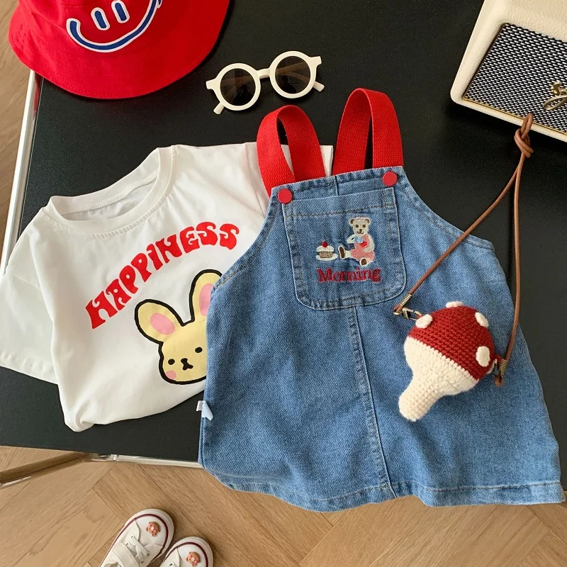 2023 Summer Children Girl Clothes 0-6Years Kids Girl Cartoon Bear Embroidery A-line Denim Dress Overalls Outfit Fashion Sundress