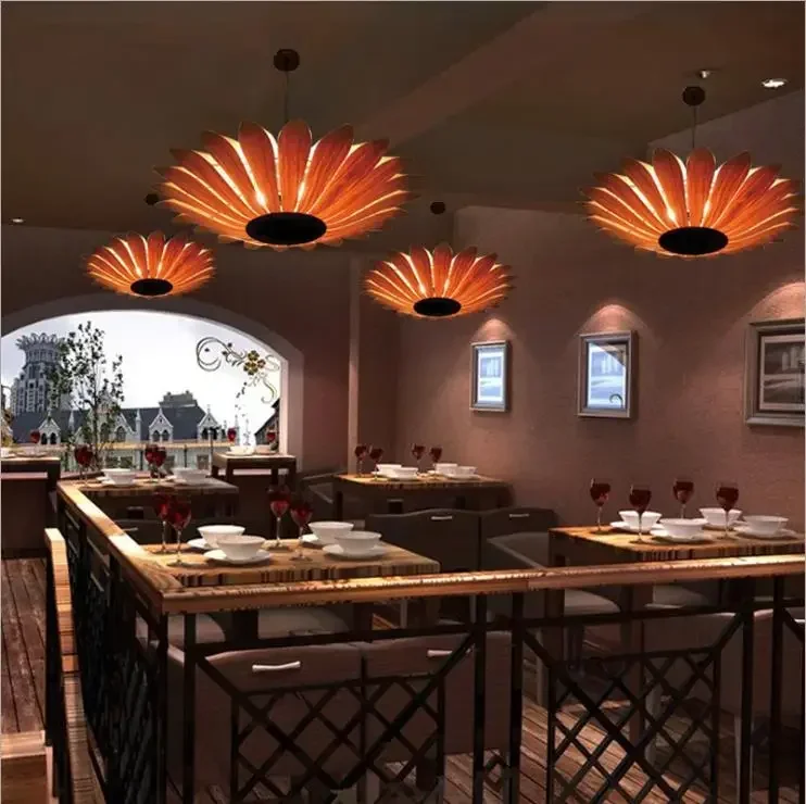 Creative Chinese style antique wooden chandelier Hotel Inn Club Southeast Asia wooden leather lamp new tea house Chandelier
