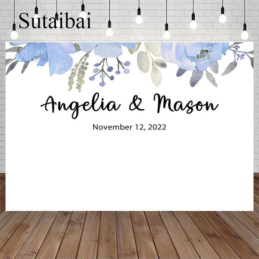 

Wedding Ceremony Photography Backdrop Blue Flowers White Photo Background Personalise Party Decor Banner Poster Photo Booth Prop