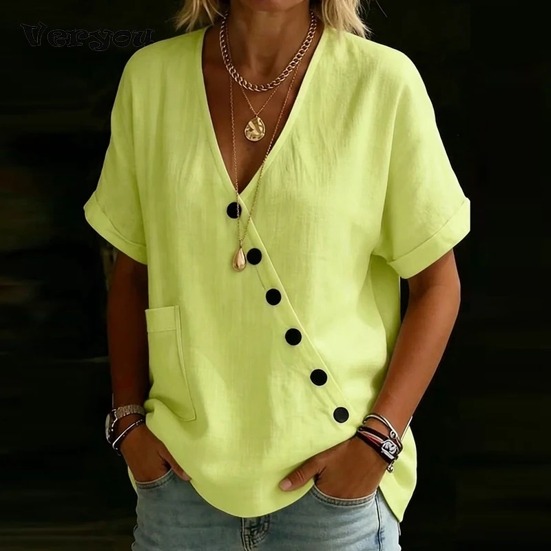 

Летняя повседневная женская рубашка с V-образным вырезом и пуговицами, модная однотонная свободная блузка, новая элегантная женская рубашка оверсайз с карманами