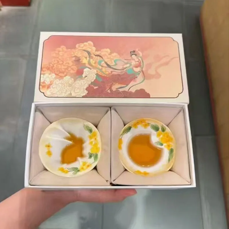 Mid-Autumn Festival Jade Rabbit Looking Moon Pair Cup, Hand-painted Osmanthus Ceramic Teacup