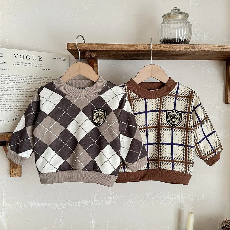 2026 Children Boys Sweatshirts RAISE Autumn Winter Thicken Warm Kids Babys Boys Knitwear Plus Velvet Infant Boy Argyle Pullovers