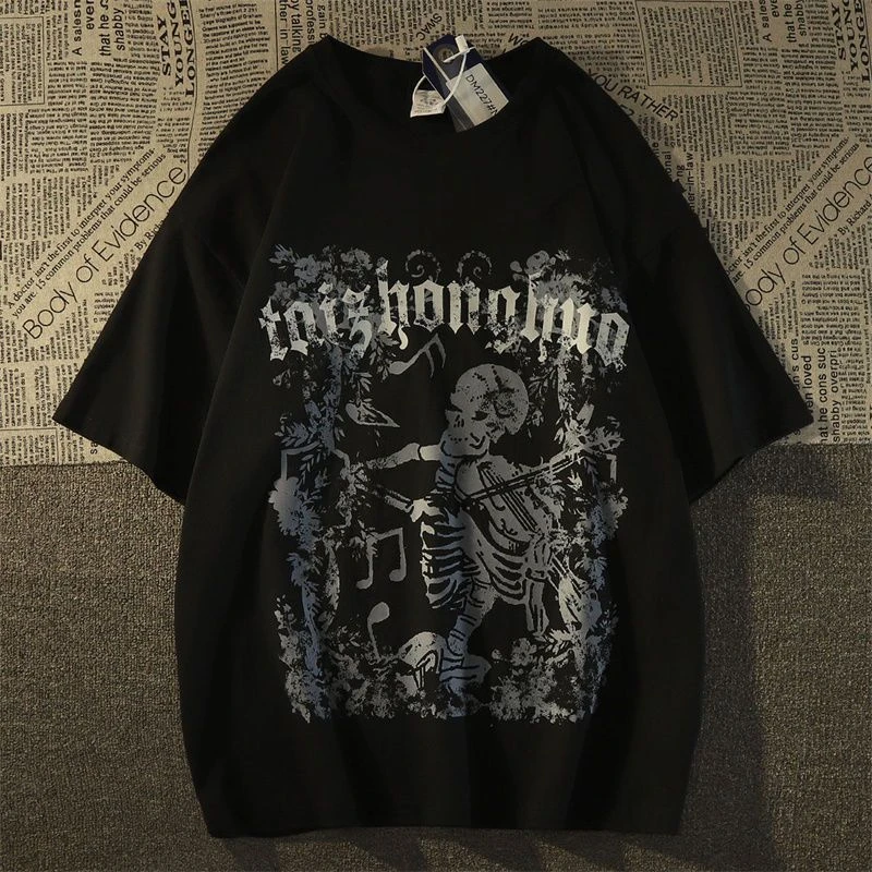 2025 New Retro Dark Style Reaper Loose Trendy Summer T-shirt 100% Cotton Cool Comfortable Adult Men's Daily Wear Soft Breathable