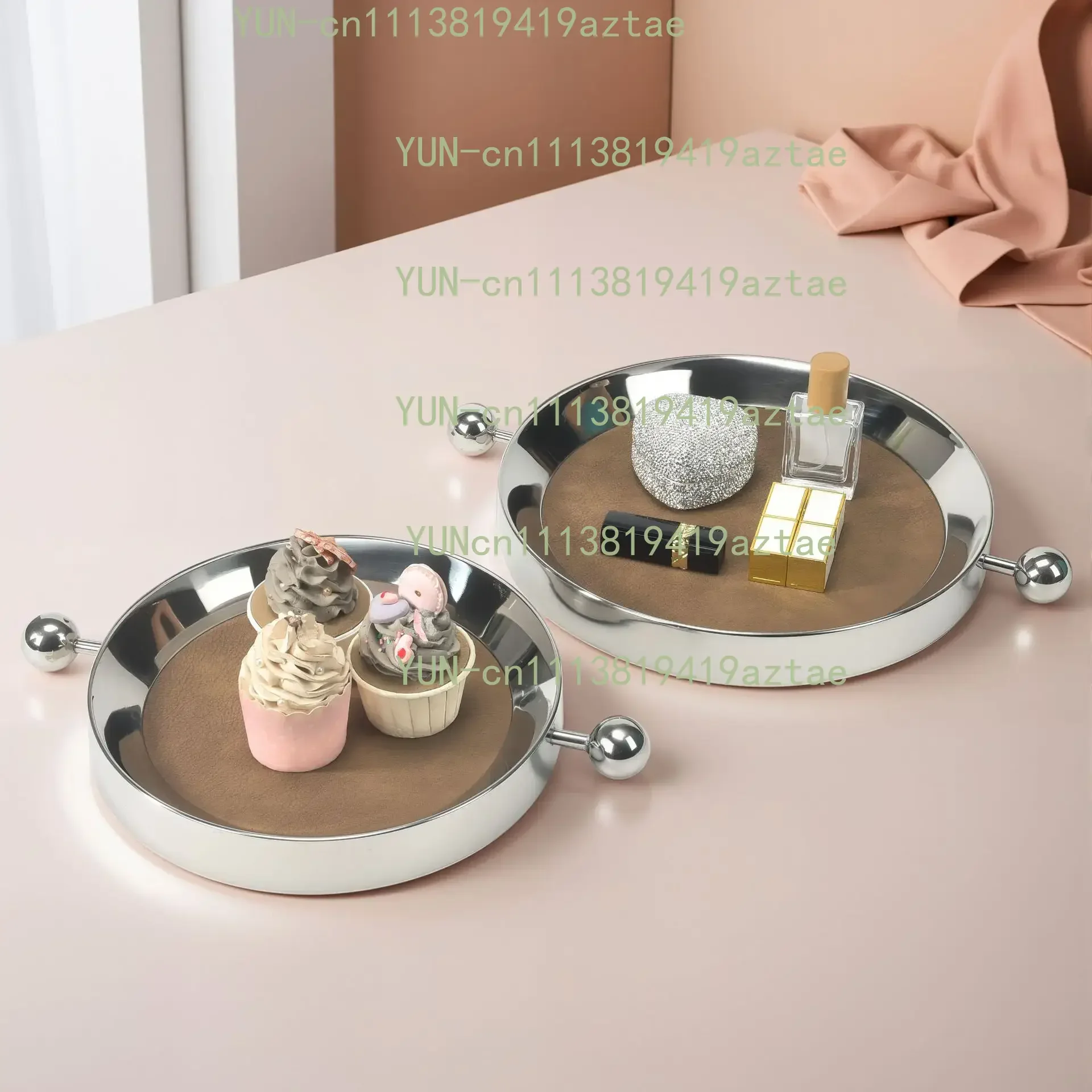 Stainless Steel Metal Mirror Leather Tray Circular Silver Handle Plate Desktop Storage Container Jewelry Tray Fruit Plate