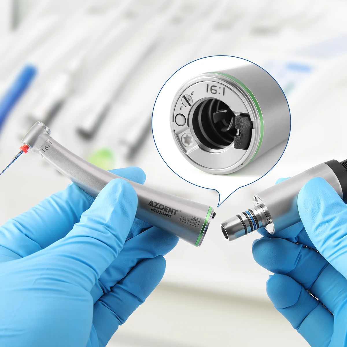 Azdent Dental 4:1/ 8:1/16:1 LED Low Speed Handpiece Fiber Optic Quattro Spray Contra Angle Push Putton Endo Prophy Tools Dentist - Image 6