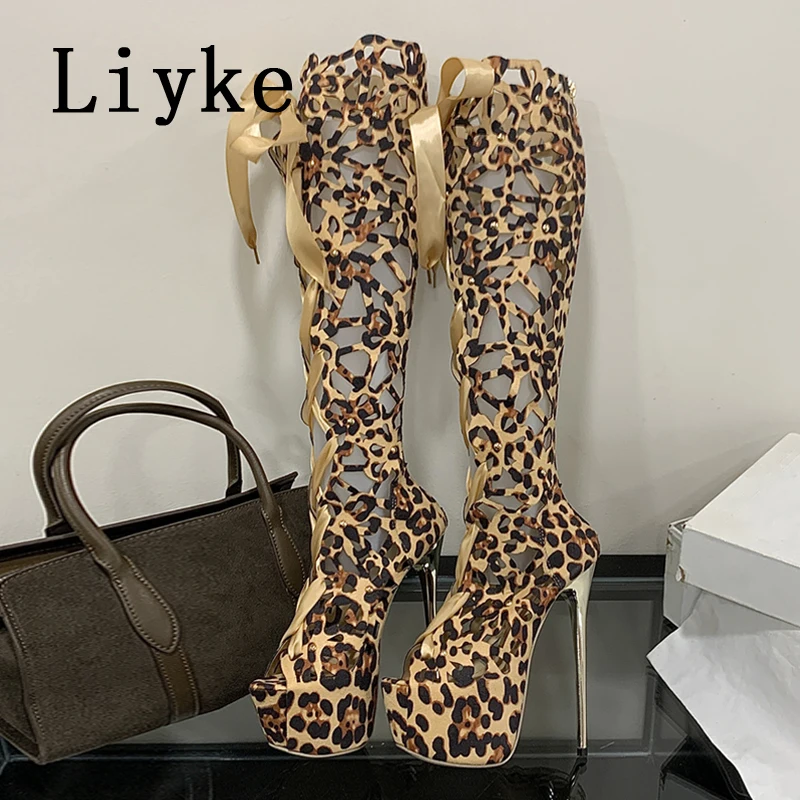 

Liyke Model Show Sexy 17CM Extreme High Heels Platform Boots For Women Cross Lace Up Zip Leopard Print Ladies Pole Dance Shoes