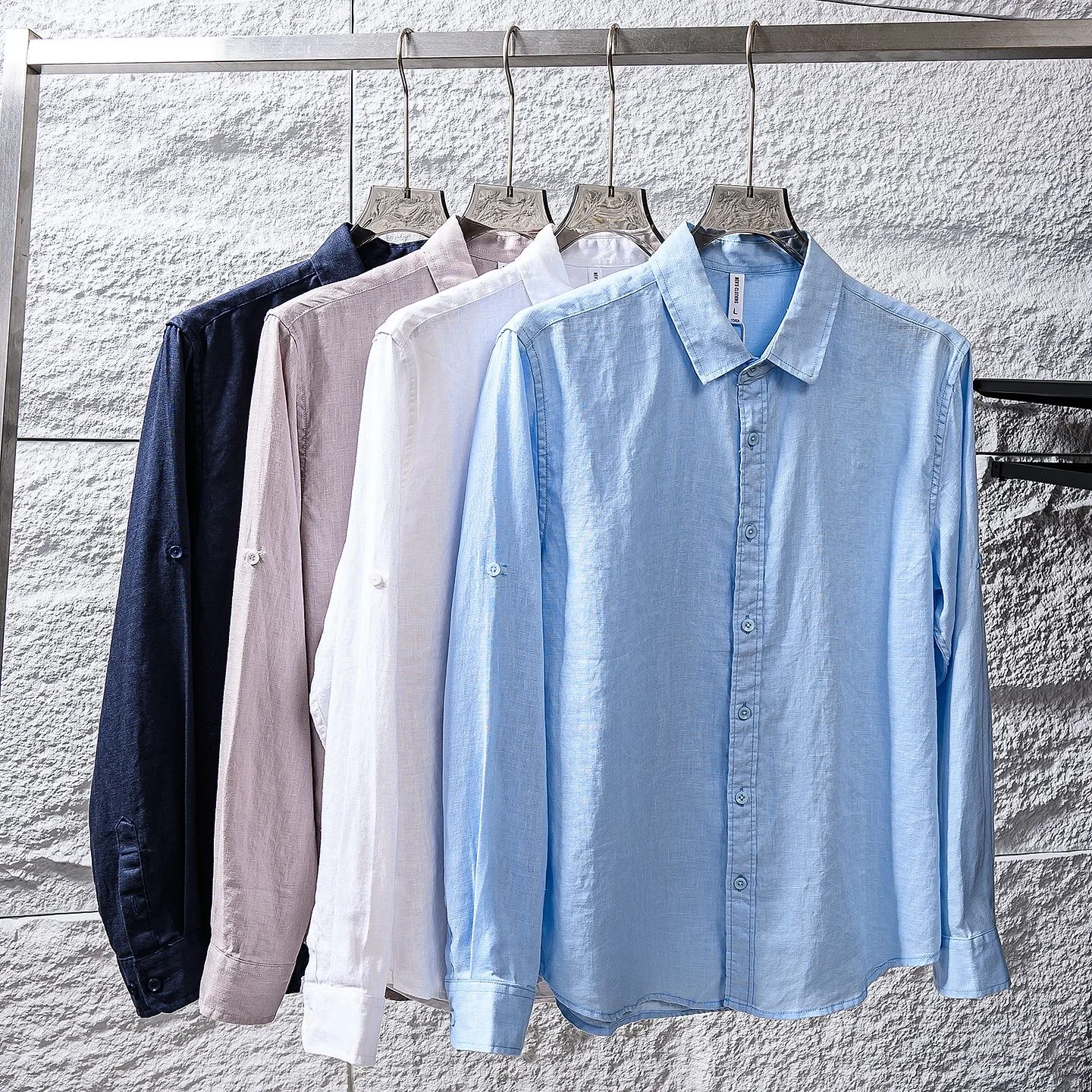 Comfortable Cool Feeling Linen Sweat Absorbing Men's Breathable Blue Long Sleeve Shirt Autumn Season Lightweight Pure Color V...