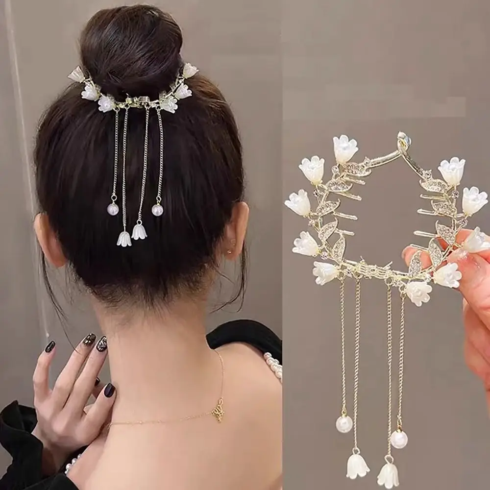 Elegant Retro Meatball ผมคลิป Floristic Pearl CHAIN ผม Claw ผมหางม้า Hairpins ผู้หญิง