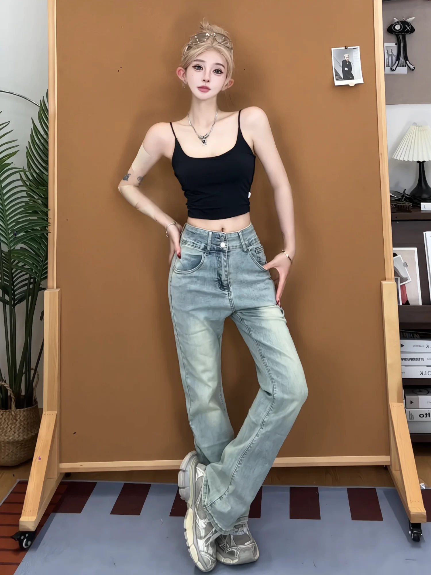 

Ретро-джинсы-клеш в американском стиле для женщин, с высокой талией, утягивающие, в пол, осенне-зимние, новые, элегантные, стильные