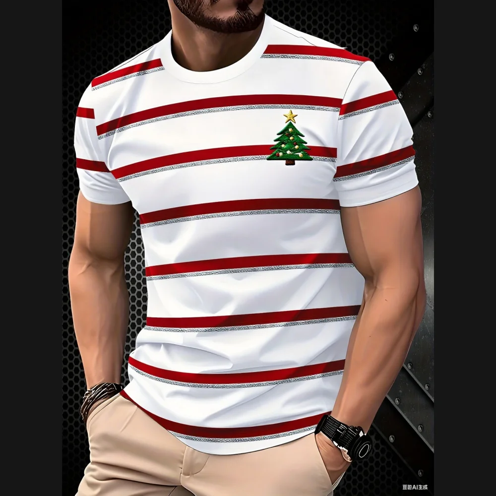 

Men's T-Shirt Christmas Stripe 3D Print Men's Top Trendy Versatile Men's Short Sleeved Fashionable O-Neck Casual Men's Clothing