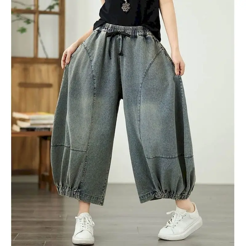 

Брюки-шаровары, укороченные джинсы с эластичной резинкой на талии, свободные повседневные джинсовые брюки в стиле Харадзюку, мешковатые брюки в корейском стиле, женская одежда