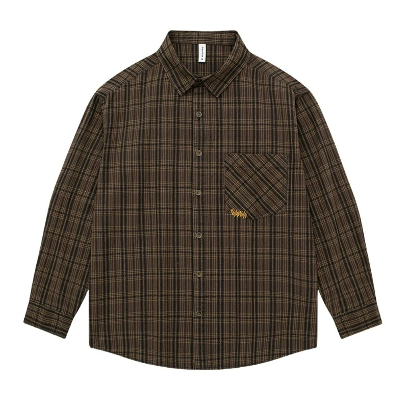 Men's Pure Cotton Checkered Long-sleeved Shirt 2026 Autumn New Fashionable Japanese Retro Embroidered Casual Washed Cotton Shirt