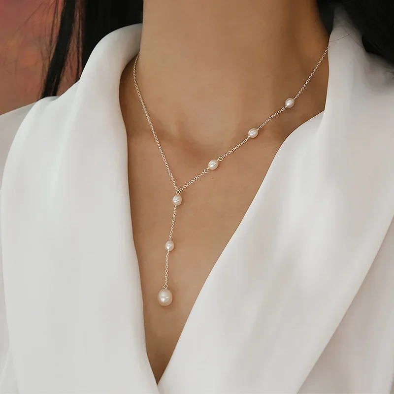 Minar Classic 4-5mm 8-9mm Natural Freshwater Pearl Long Tassel Pendant Necklaces for Women Femme Silver Plated Copper Choker