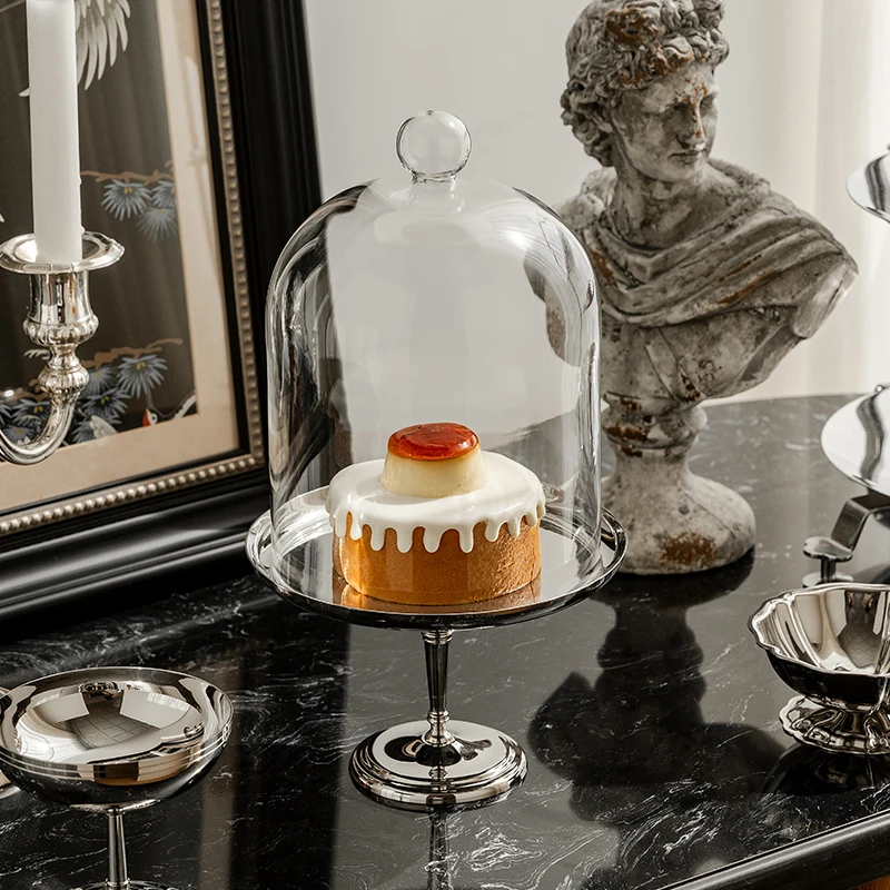 

Ele European Sle Stainl Steel Fruit Plate with Glass Cover Dert Display Plate Sna Tray Decorative Ornaments