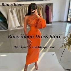 Blueribbon Orange Prom Dresses 2024 One Shoulder Long Sleeve Sequins Birthday Party Dress Ankle Length Evening Gowns