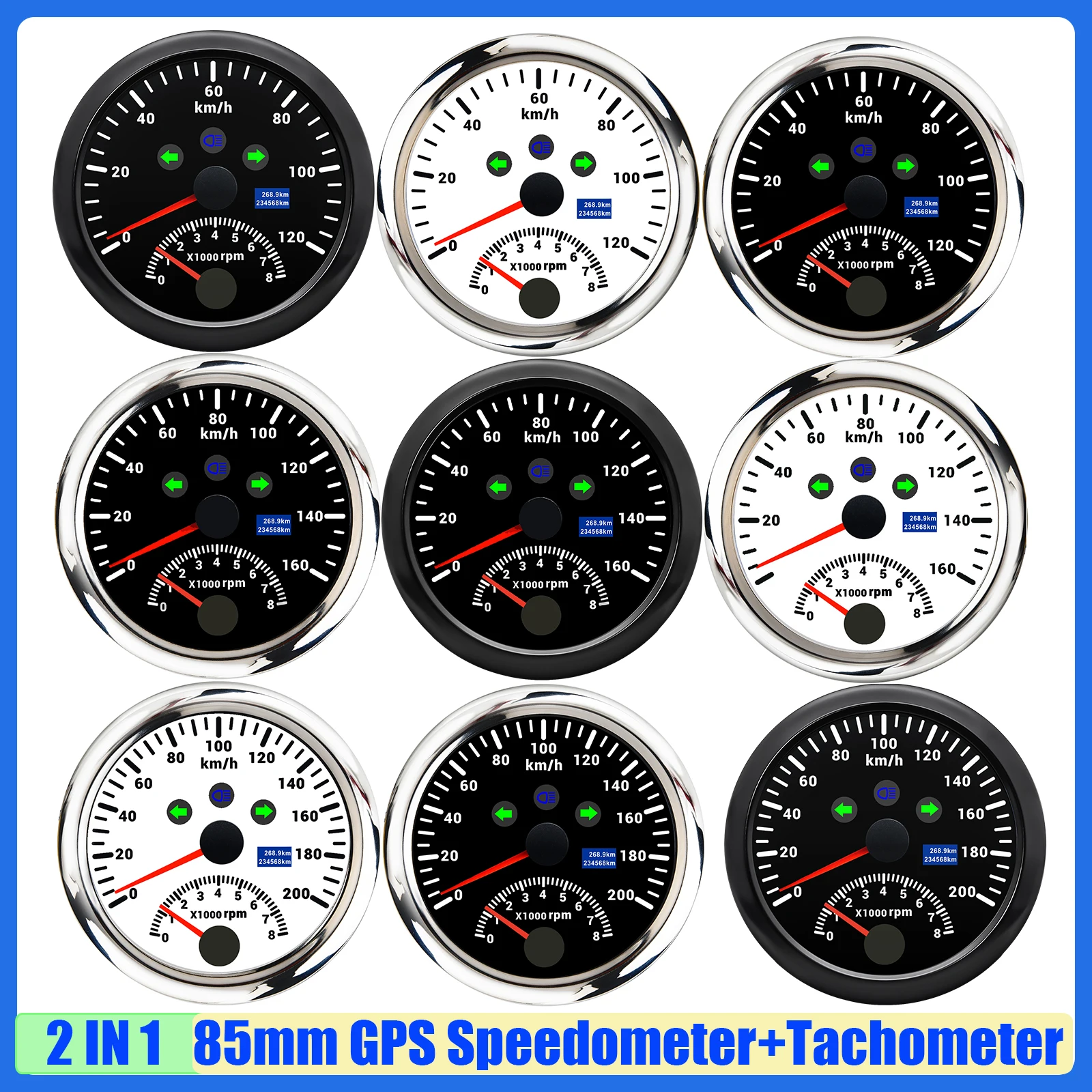 

Red LED 2 IN 1 85mm GPS Speedometer Gauge+Tachometer 8000RPM with Turn Light High Beam 120KMH,160KMH,200KMH Speed Odometer Car