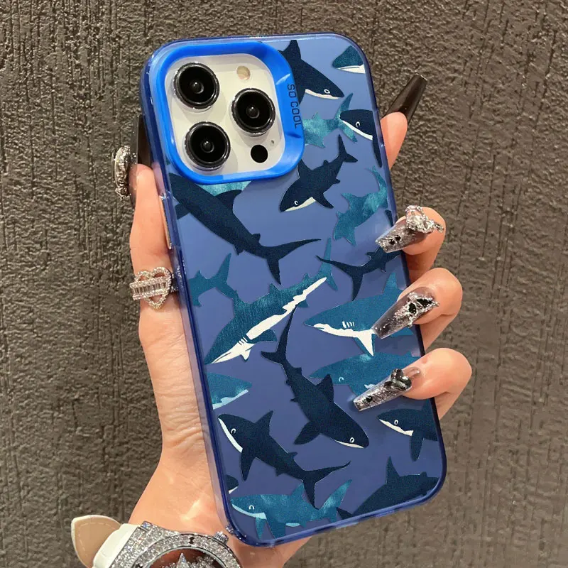 

Ocean Shark In Groups Laser Phone Case For IPhone 13 11 12 Pro Max Mini 16 15 14 Pro Max Plus Shockproof Protective Back Covers