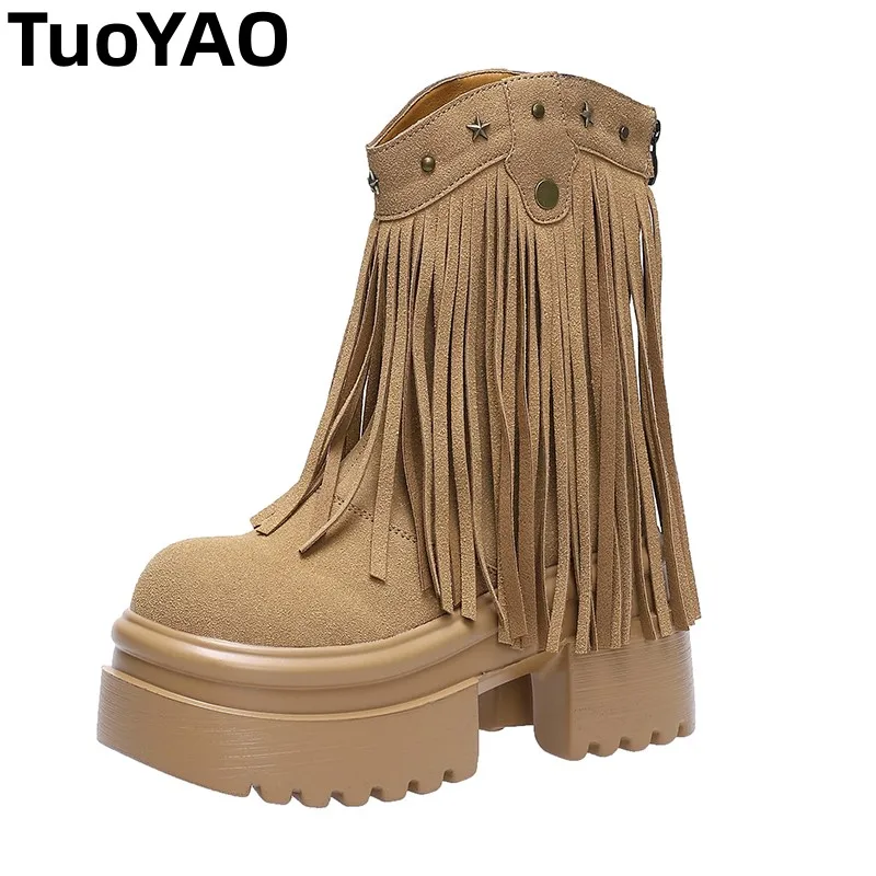 

Women High Platform Ankle Boots Autumn Winter Tassels Style Leather Shoes Zipper Punk Motorcycle Boots Round Toe Chunky Sneakers
