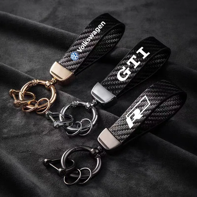 Zinc Alloy Car Keychain Keyring Carbon Fiber Leather Key Chain Ring For VW GTI R Line Polo Golf 6 7 Passat Tiguan Jetta Scirocco