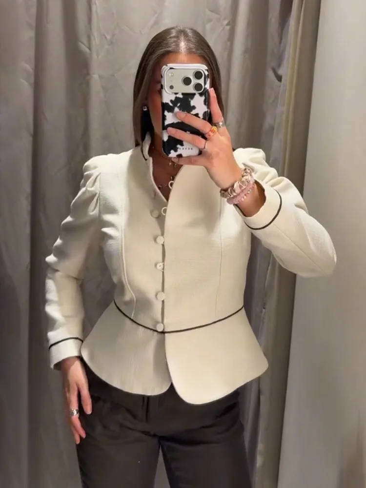 HH 2026 Woman New Fashion Casual Beige Tweed Blazer Jacket Women Single Breasted Stand Collar Long Sleeves Elegant Short Coat