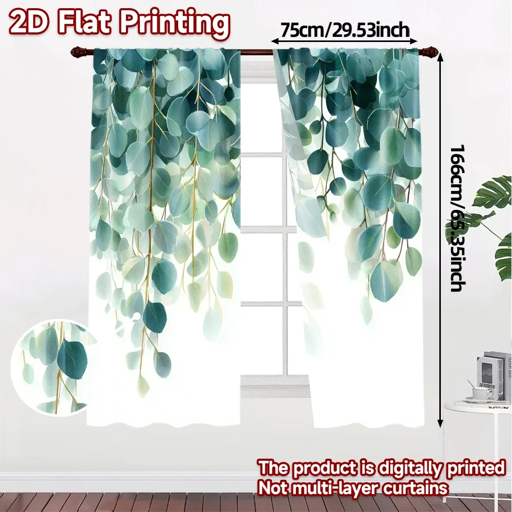 2pcs, 2D FLAT PRINTING Curtains (Without Rod) Eucalyptus Bliss Popular Minimalist Curtains Versatile 100% Polyester Curtains