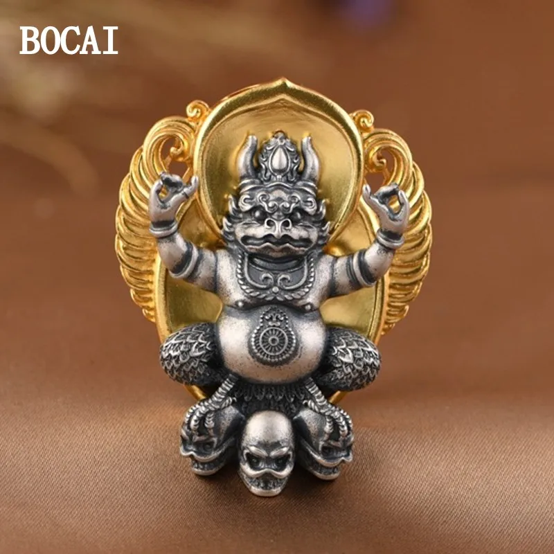 

BOCAI New S925 Silver Retro Golden Flame Skull Head Golden Winged Roc Bird Men's Pendant Gift