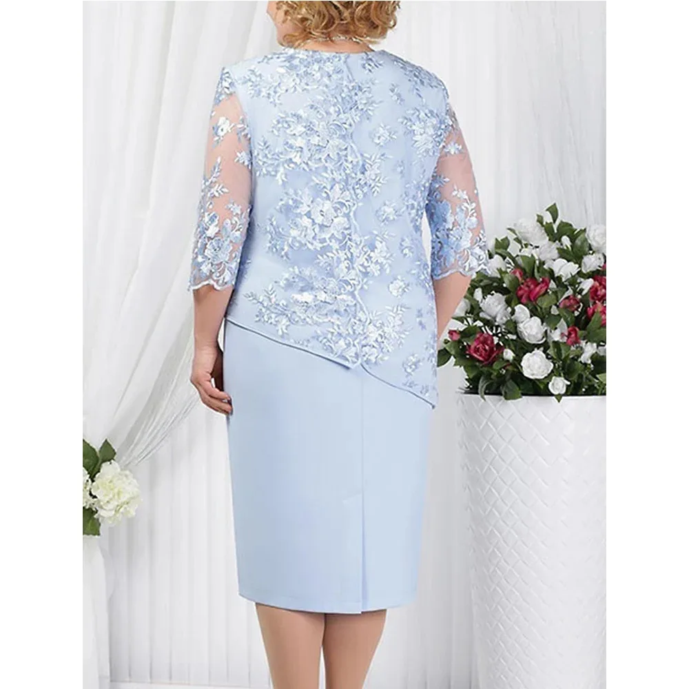 Plus Size Mother Of The Bride Dress Lace Party Dress Print Crew Neck 3/4 Length Sleeve Formal Wedding Guest Dress 2024