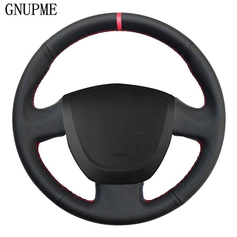 DIY Black Artificial Leather Car Steering Wheel Cover Red Color Marker on Top for Lada Granta 2011-2016