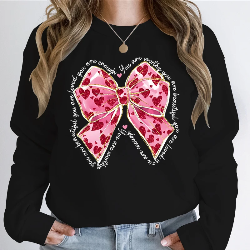 Valentine Glitter Bow Heart Sweatshirt Women You Are Loved Letter Print Fashion Hoodies Pink Valentine Heart Gift Sweatshirts