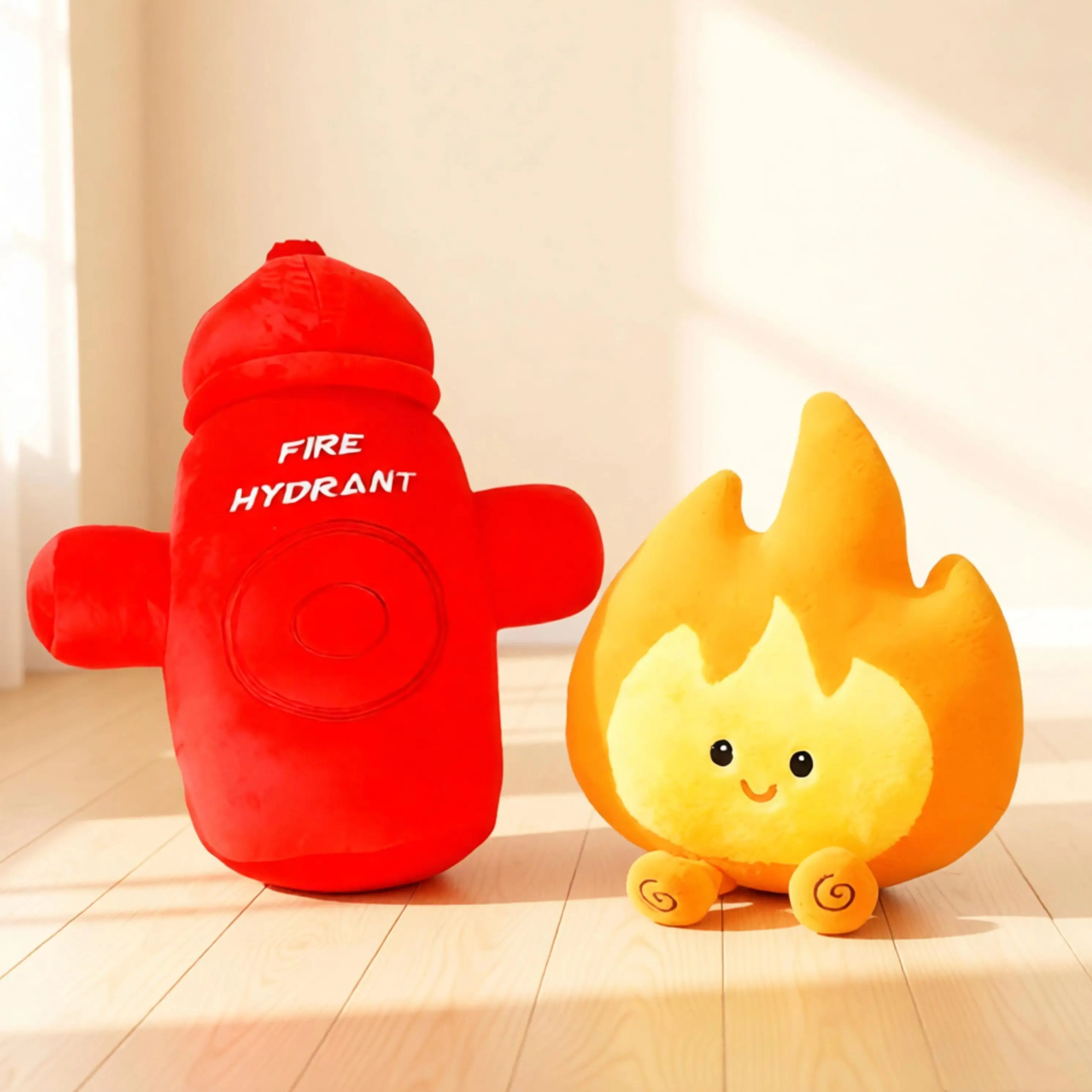 Cute Cartoon Fire Pump & Flame Plush Doll Soft Simulated Fire‑Tool Stuffed Toy Pillow Sofa Cushion Birthday Gift Boys Girls Kids