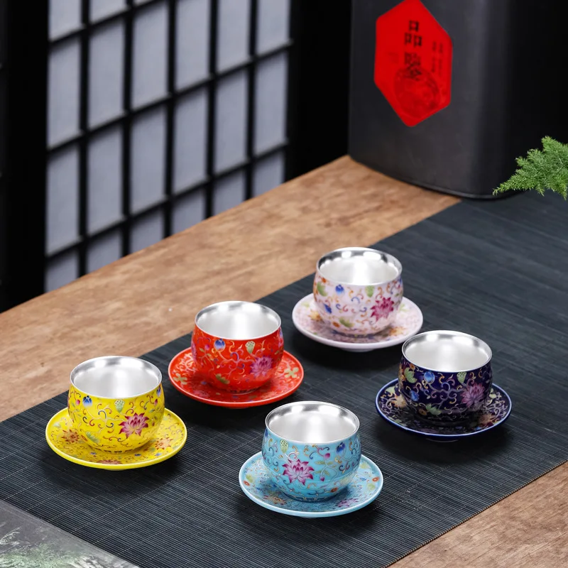 999 sterling silver teacup tea cup, enamel colored silver tea set, grilled flower tea cup, master  single cup kung fu