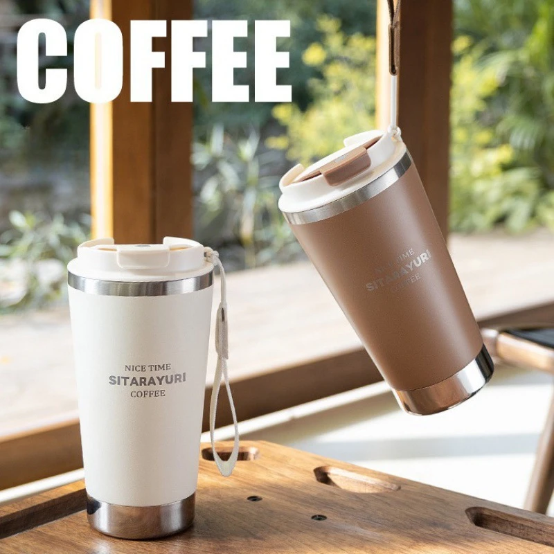 

450ml Portable Vacuum Coffee Cup Large Capacity Stainless Steel Thermos Office Tea Cups Outdoor Camping Water Bottles with Rope